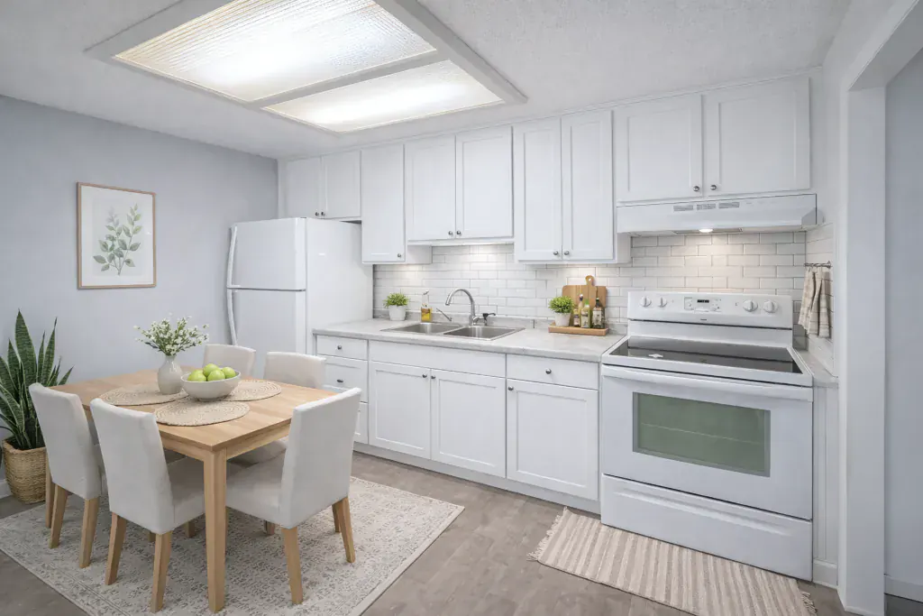 Kitchen with white cabinets and appliances, a subway tile backsplash, and a wooden dining table and chairs alongside